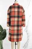 Tangerine Red Casual Plaid Patchwork Pocket Buckle Turndown Collar Outerwear
