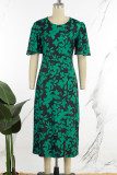 Green Casual Print Patchwork O Neck Printed Dress Dresses