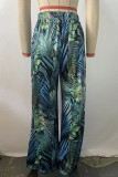 Green Casual Print Patchwork Draw String Straight High Waist Straight Full Print Bottoms
