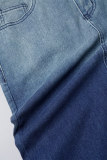 ブルーエレガントな段階的な変更パッチワークポケットボタン高開口部ジッパーレギュラーミッドウエストペンシルパッチワークボトムス