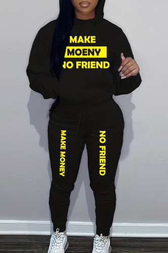 Black Sportwear Casual Letter Print Hooded Collar Long Sleeve Sweatshirt And Draw String Pants Two Pieces Sweatsuit Sets
