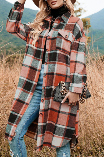 Tangerine Red Casual Plaid Patchwork Pocket Buckle Turndown Collar Outerwear