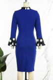ブルーのセクシーなドット パッチワーク リボン非対称襟ペンシル スカート ドレス