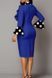 ブルーのセクシーなドット パッチワーク リボン非対称襟ペンシル スカート ドレス