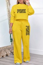 Yellow Casual Elegant Print Letter O Neck Long Sleeve Two Pieces