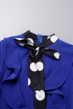Blauwe sexy stippen-patchwork met strik, asymmetrische kraag, kokerrokjurken