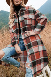 Rose Red Casual Plaid Patchwork Pocket Buckle Turndown Collar Outerwear