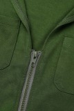 Army Green Casual Solid Bandage Patchwork Pocket Zipper Turndown Collar Regular Rompers