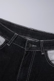 Blauwe Street Color Block Patchwork Zakknopen Contrasterende Rits Hoge Taille Losse Denim Jeans