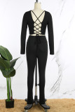 Black Street Solid Patchwork Cross Straps O Neck Long Sleeve Two Pieces