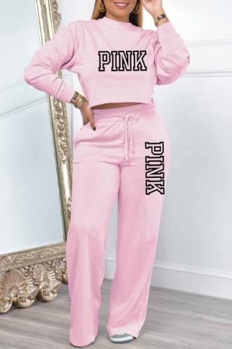 Pink Casual Elegant Print Letter O Neck Long Sleeve Two Pieces