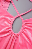 Pink Celebrities Solide ausgehöhlte Patchwork-Meerjungfrauenkleider mit asymmetrischem Kragen und Trompete