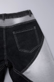 Black Street Color Block Patchwork Poche Boutons Contraste Fermeture Éclair Taille Haute Lâche Denim Jeans