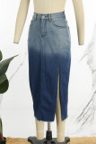Azul elegante mudança gradual retalhos bolso botões alta abertura zíper regular cintura média lápis retalhos bottoms