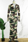 Camouflage Sexy Camouflage Print Patchwork Pocket Hooded Collar Long Dress Dresses