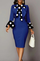 Vestidos de falda lápiz con cuello asimétrico y patchwork de puntos sexy azul