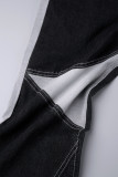 Black Street Color Block Patchwork Poche Boutons Contraste Fermeture Éclair Taille Haute Lâche Denim Jeans