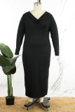 ブラック エレガント ソリッド パッチワーク V ネック ロング ドレス プラス サイズ ドレス