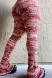 Bota de retalhos em bloco de cor de rua rosa com corte médio na cintura e calça de retalhos