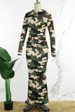 Camouflage Sexy Camouflage Print Patchwork Pocket Hooded Collar Long Dress Dresses