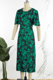 Gröna Casual Print Patchwork O-halstryckta klänningar