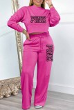 Pink Casual Elegant Print Letter O Neck Long Sleeve Two Pieces