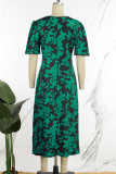 Зеленое повседневное платье с принтом в стиле пэчворк и круглым вырезом Платья Платья