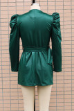 Green Casual Solid With Belt V Neck Long Sleeve Dresses