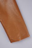 Casaco casual marrom patchwork sólido com zíper e gola redonda