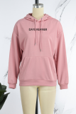 Pink Casual Daily Print Draw String Hooded Collar Tops