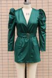 Green Casual Solid With Belt V Neck Long Sleeve Dresses