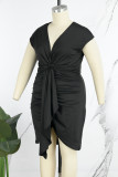 Negro Casual Sólido Pliegue Cuello en V Falda envuelta Vestidos de talla grande