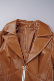 Brown Casual Solid Patchwork Zipper Turndown Collar Outerwear