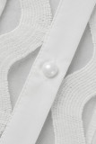 Weißer, eleganter, solider, ausgehöhlter, Patchwork-Schnalle-Rollkragenpullover im Vintage-Stil in Übergröße, zweiteilig