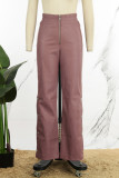 Pantalon marron décontracté uni en Patchwork, fente régulière, taille haute, couleur unie conventionnelle