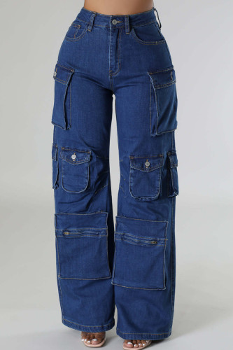Jeans in denim dritto a vita alta con bottoni e tasche patchwork tinta unita blu intenso