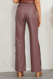 Braune, lässige, einfarbige Hose mit Patchwork-Schlitz und normaler hoher Taille