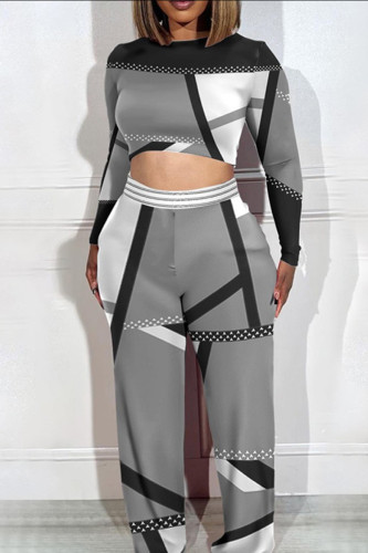 Grey Casual Print Basic O Neck Plus Size Two Pieces