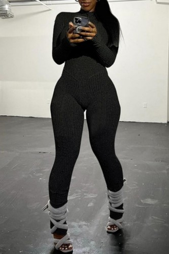 Black Casual Solid Frenulum Half A Turtleneck Skinny Jumpsuits