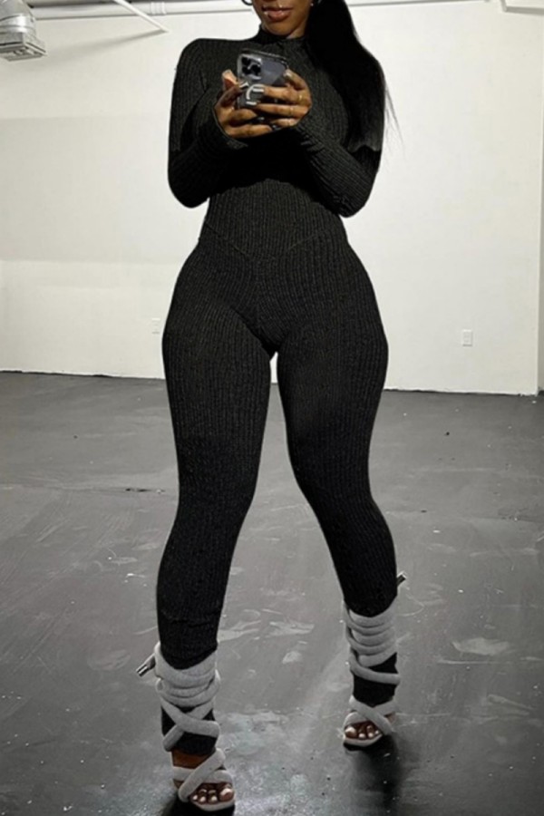Schwarze, lässige, einfarbige, schmale Jumpsuits mit halbem Rollkragen und Frenulum