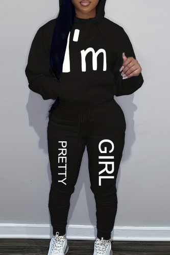 Black Sportwear Casual Letter Print Hooded Collar Long Sleeve Sweatshirt And Draw String Pants Two Pieces Sweatsuit Sets
