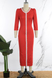 Vestidos saia lápis vermelho casual patchwork sólido decote em v