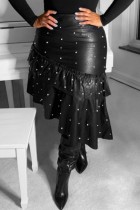 Zwarte casual patchwork parel asymmetrische grote maat rok