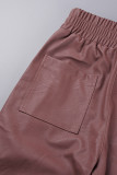 Braune, lässige, einfarbige Hose mit Patchwork-Schlitz und normaler hoher Taille