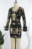 Black Elegant Print Sequins Patchwork Zipper V Neck Wrapped Skirt Dresses