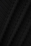 Zwarte, casual, effen uitgeholde driedelige set met O-hals en lange mouwen