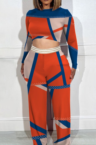 Tangerine Red Casual Print Basic O Neck Plus Size Two Pieces