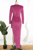 ローズレッド カジュアル ソリッド パッチワーク 非対称襟 不規則なドレス ドレス