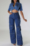 Light Blue Street Solid Patchwork Pocket Buttons Zipper High Waist Straight Cargo Denim Jeans