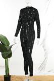 Negro Sexy Casual Sólido Ahuecado Transparente Medio cuello alto Monos ajustados